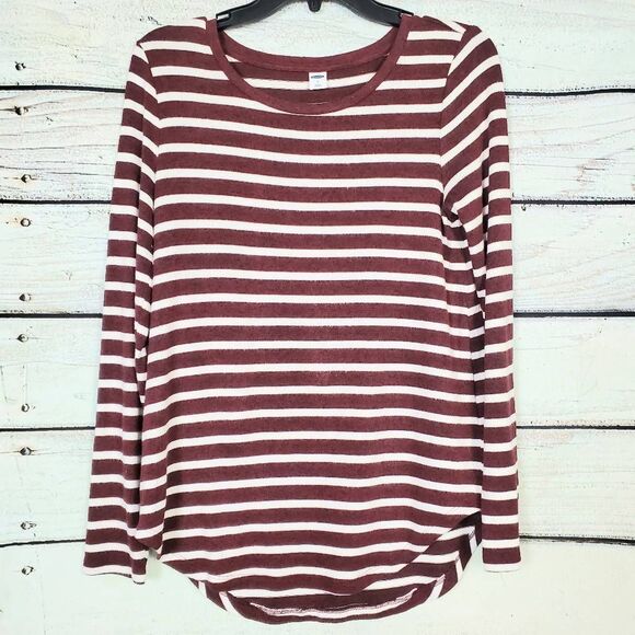 Old Navy Women’s Burgundy White Stripe Long Sleeve Tee Shirt Size Small - Picture 1 of 5